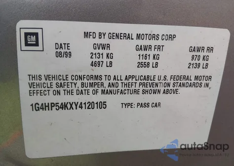 2000 Buick Lesabre Custom из США, поврежденный, VIN 1G4HP54KXY4120105